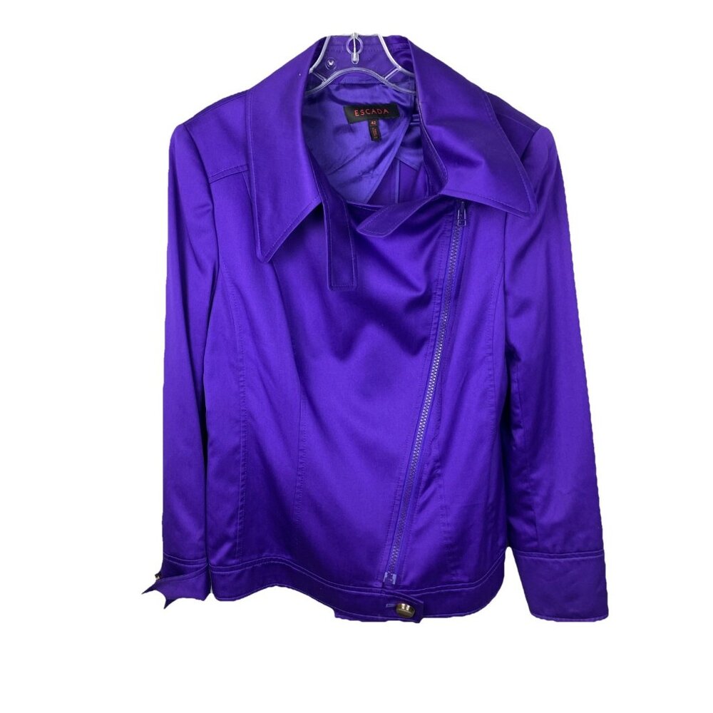 42 44 Escada Cotton Sateen Purple Moto Zip Biker Jacket - Picture 2 of 5